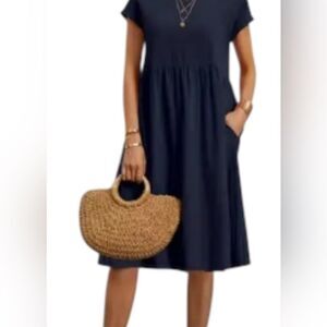 Women’s Crew Neck Cotton Blend Blue Dress with Pockets. Size XXL. Cotton Blend